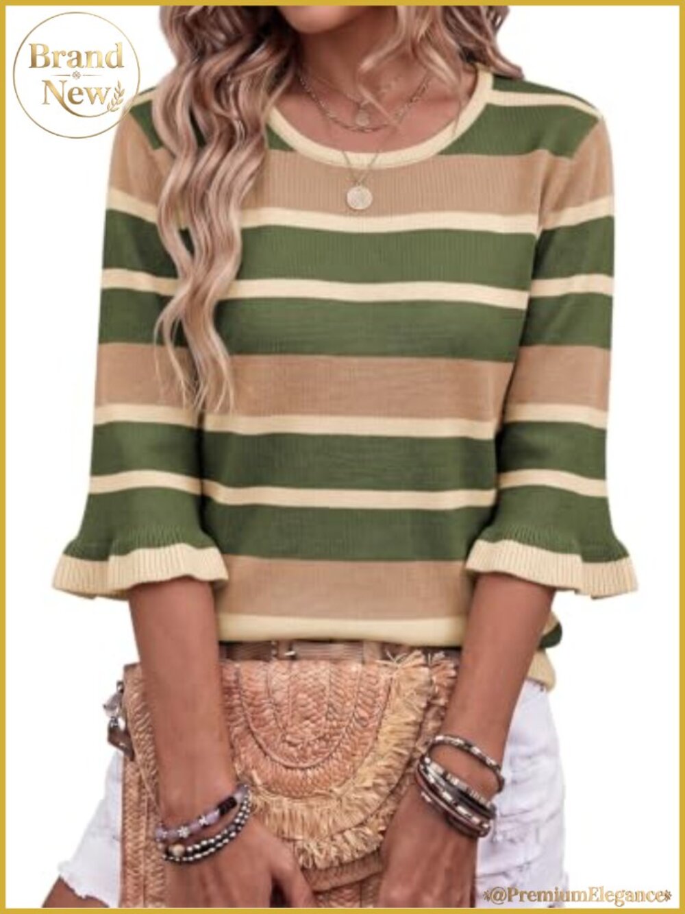 Striped 3/4 Sleeve Knit Sweater Crew Neck Loose Fit Pullover